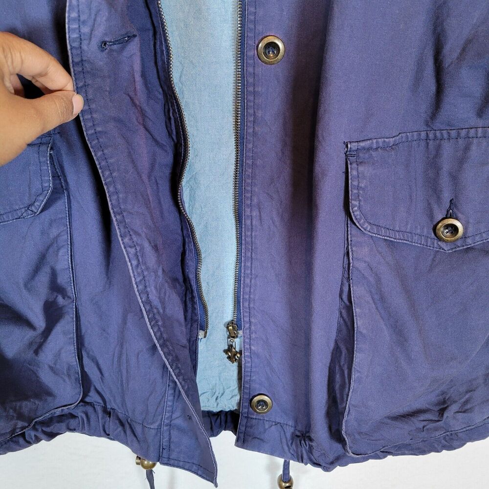 Express Womens Zip Leather Collar Barn Chore Coat Size Large Blue Vintage Hood - Picture 2 of 10